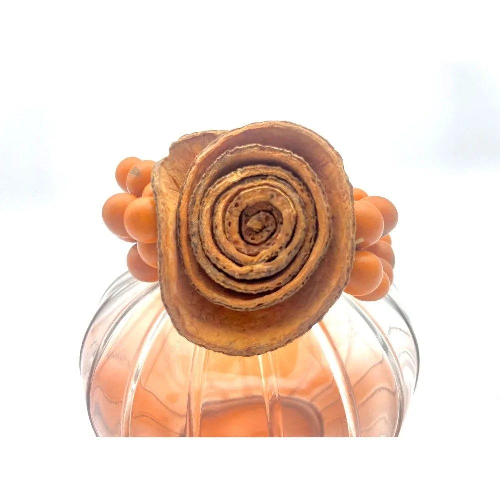 Boho Wood Bead Bracelet with Natural flower‎ Pod Accent - Stretchy orange